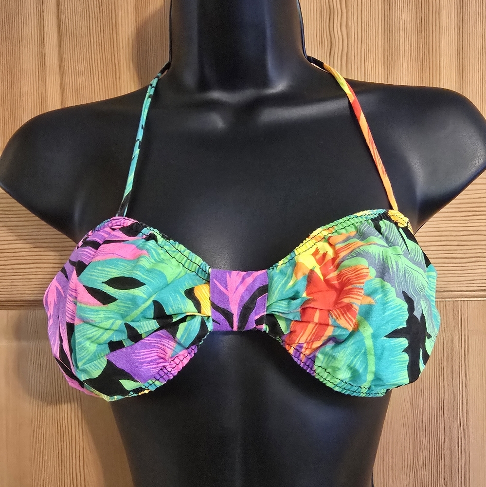Vintage 80's Tropical Bikini Top 100% Cotton Neon Costume Cruise Vacation Size 9 - Picture 2 of 7